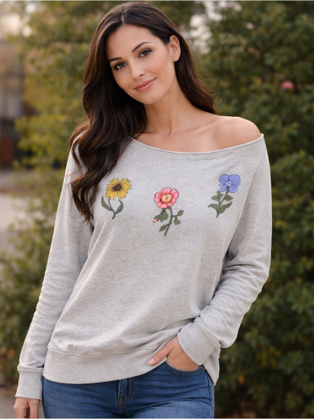 Dance & Marvel Floral Embroidered Gray Sweatshirt